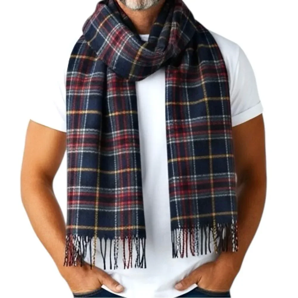 The House of Edgar Scottish Wool Navy Red Tartan Heritage Plaid Fringe Scarf New